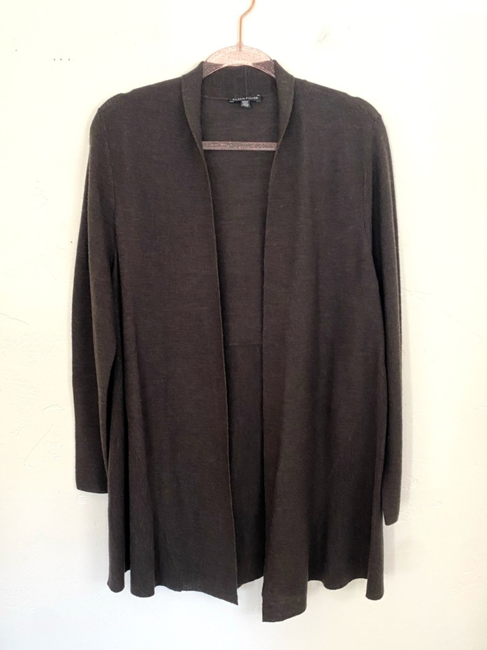 Eileen Fisher L Merino Wool Dark Brown Espresso Long Open Front Cardigan Sweeter